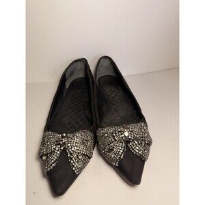 Tory Burch Vanessa Black Suede Pointed Toe Crystal Rhinestone Bow Flats Size 8M